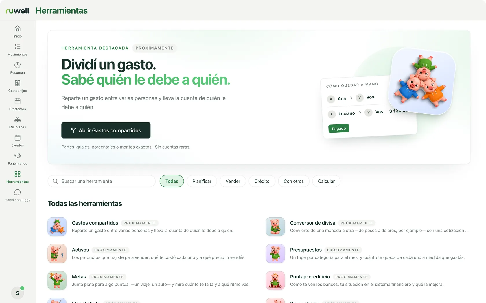 La sección Herramientas de la app, con datos de ejemplo.