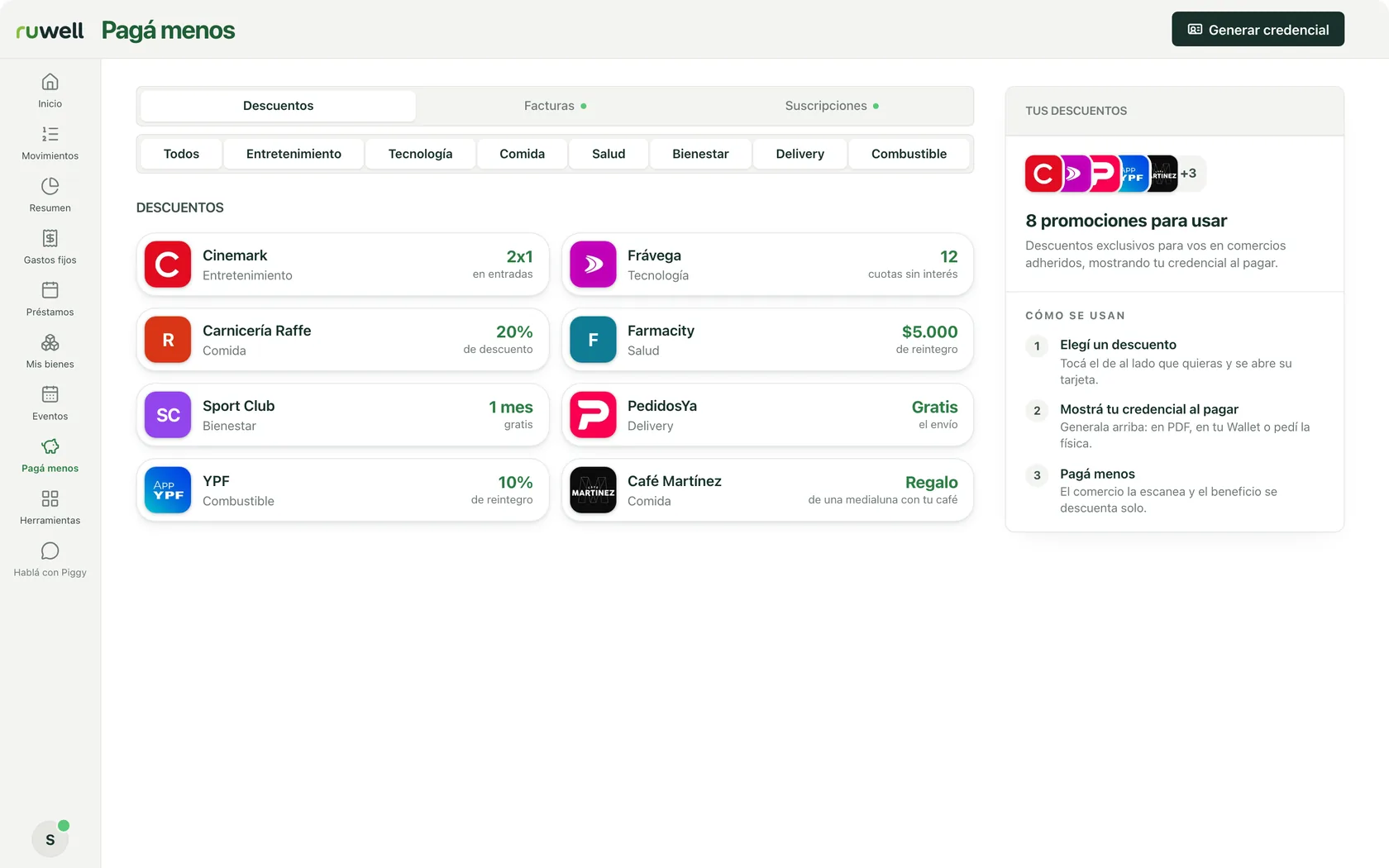 La sección Pagá menos de la app, en la pestaña Descuentos, con datos de ejemplo.