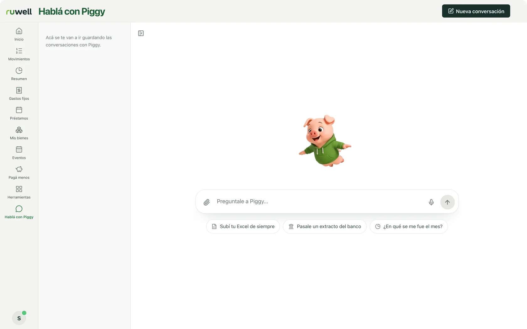 La sección Hablá con Piggy de la app, con datos de ejemplo.