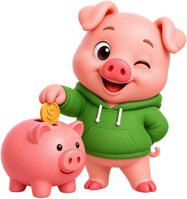 Piggy con una alcancía y una moneda
